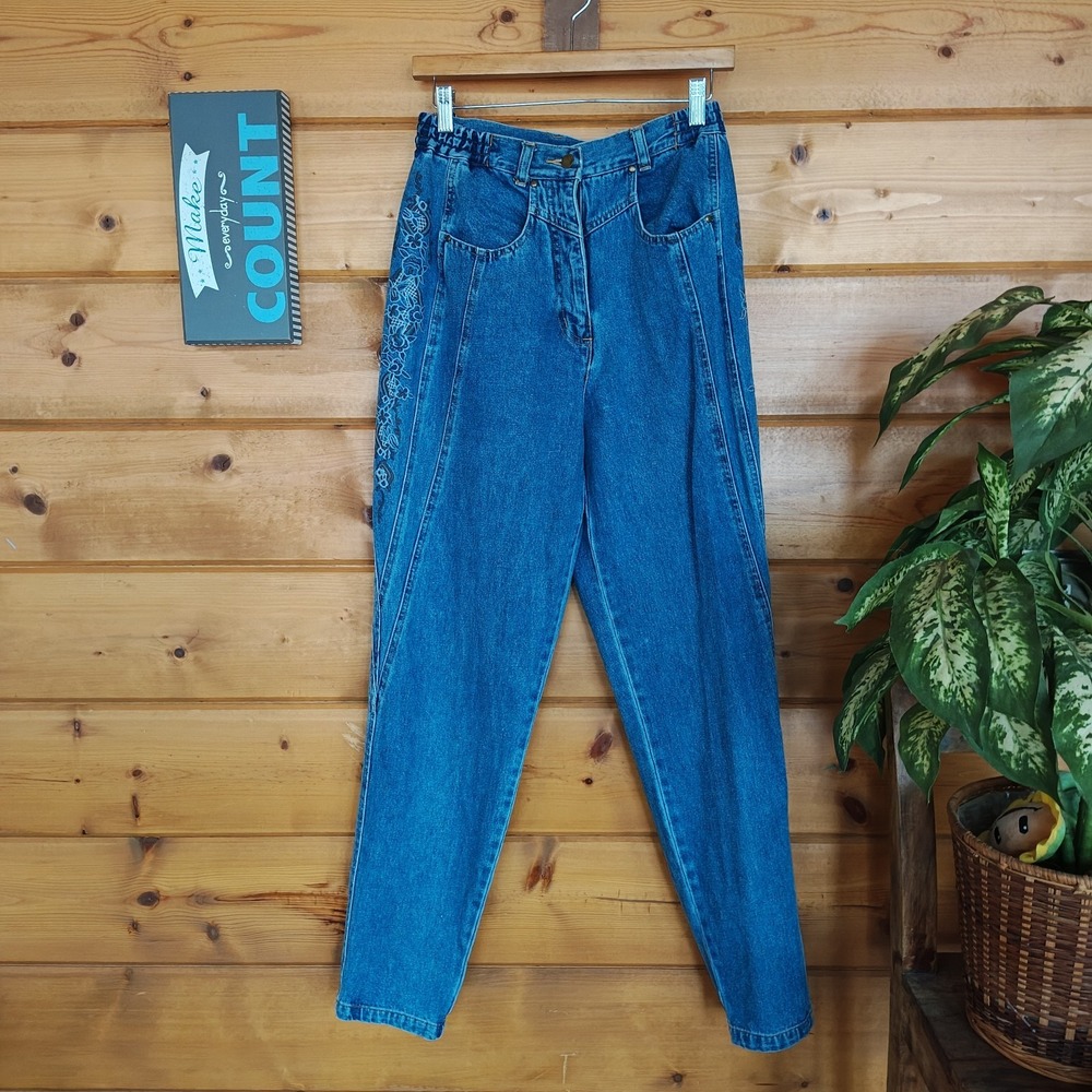 Vintage Newport News Embroidered Floral High Rise Taper Denim Mom Jean Stretch 8